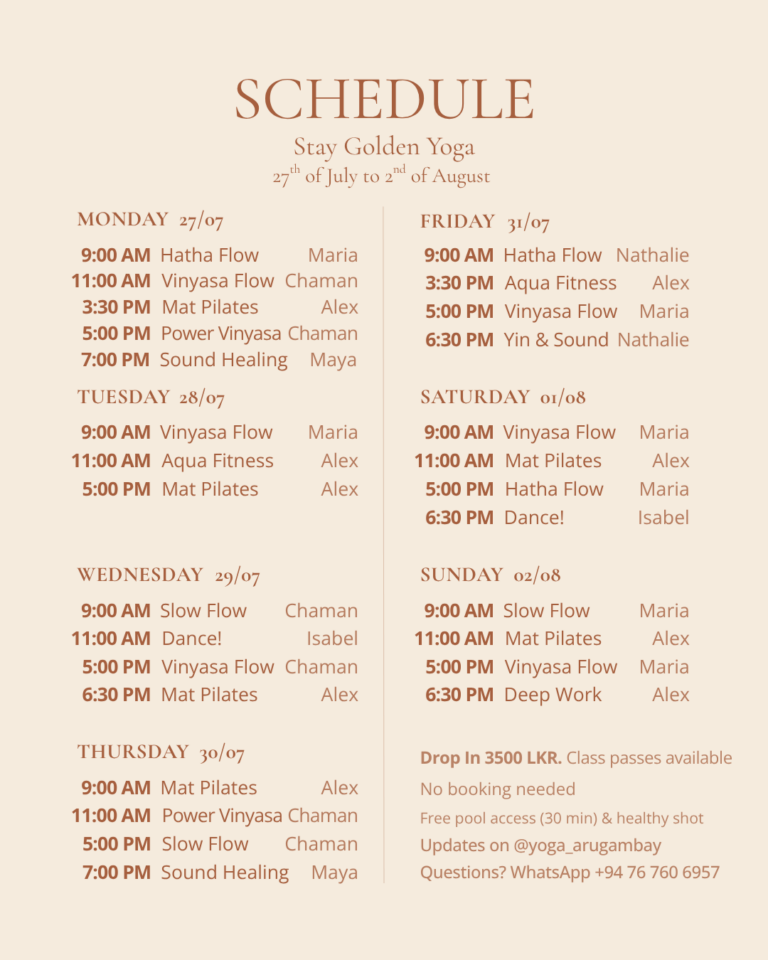 Weekly yoga schedule for guests at Stay Golden in Arugam Bay.