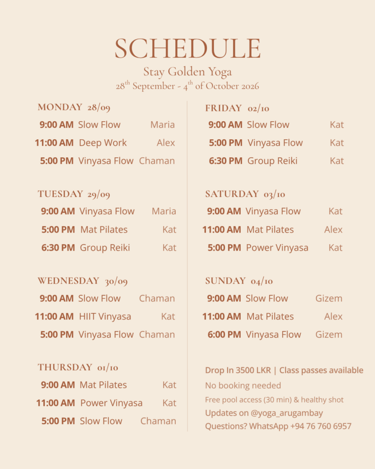 Weekly yoga schedule for guests at Stay Golden in Arugam Bay.