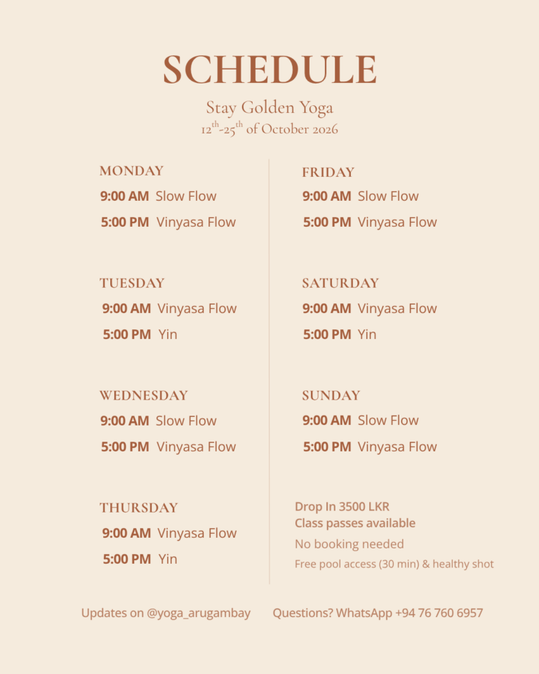 Aktueller Wochenplan der Yogakurse im Stay Golden Yoga in Arugam Bay, Sri Lanka.